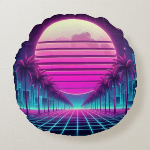 retro, 80s neon moon/palms round pillow