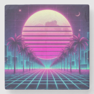 retro, 80s neon moon/palms stone coaster