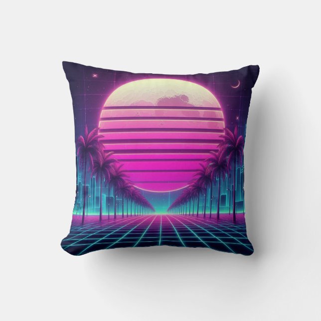 retro, 80s neon moon/palms/sunset throw pillow (Front)