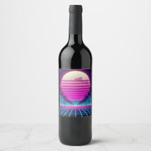retro, 80s neon moon/palms wine label
