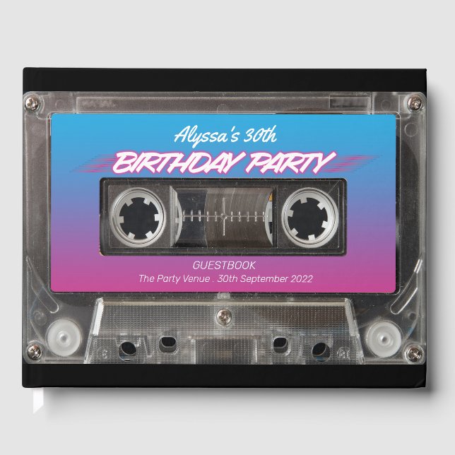 Retro 80s Neon Pink Blue Mixtape Cassette Party Gu Guest Book (Front)