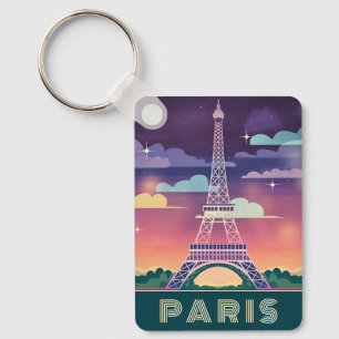 Retro 80s Neon Synthwave Eiffel Tower Paris France Keychain
