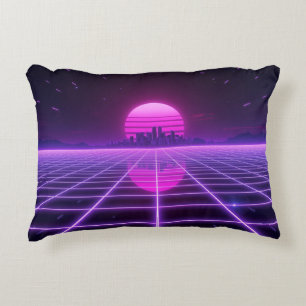 Retro 80s Neon Synthwave Grid Accent Pillow