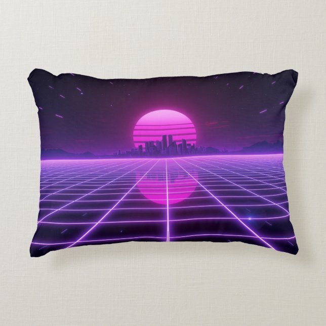 Retro 80s Neon Synthwave Grid Accent Pillow (Front)