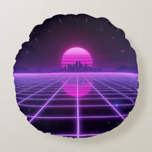 Retro 80s Neon Synthwave Grid Round Pillow