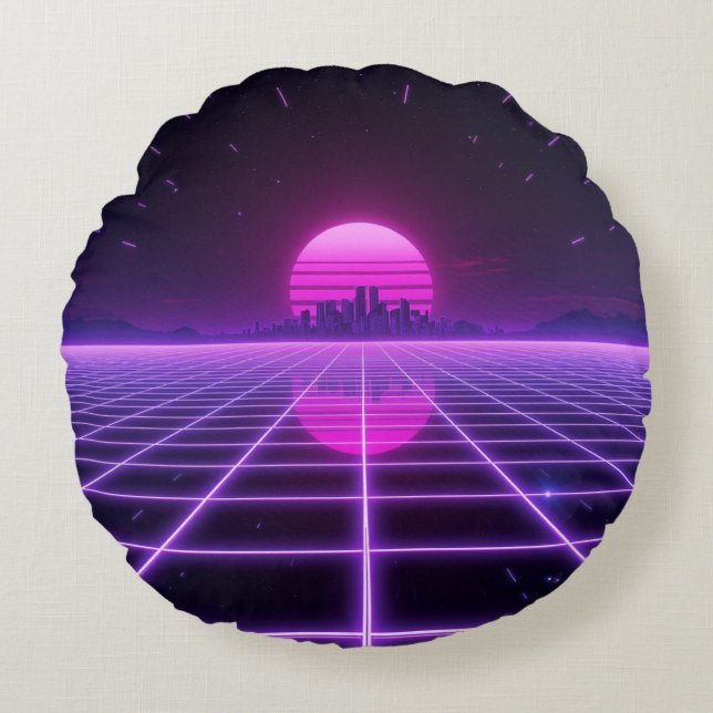 Retro 80s Neon Synthwave Grid Round Pillow (Front)