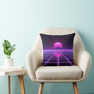 Retro 80s Neon Synthwave Grid Throw Pillow