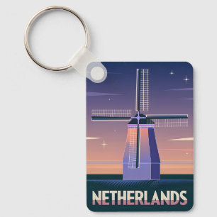Retro 80s Neon Vaporwave Netherlands Windmill Keychain