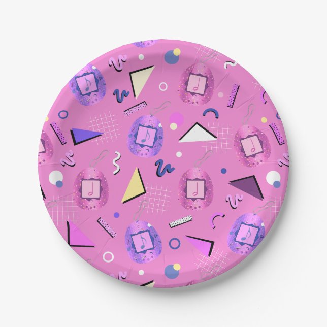 Retro 80's Pink Tamagotchi Paper Plate (Front)