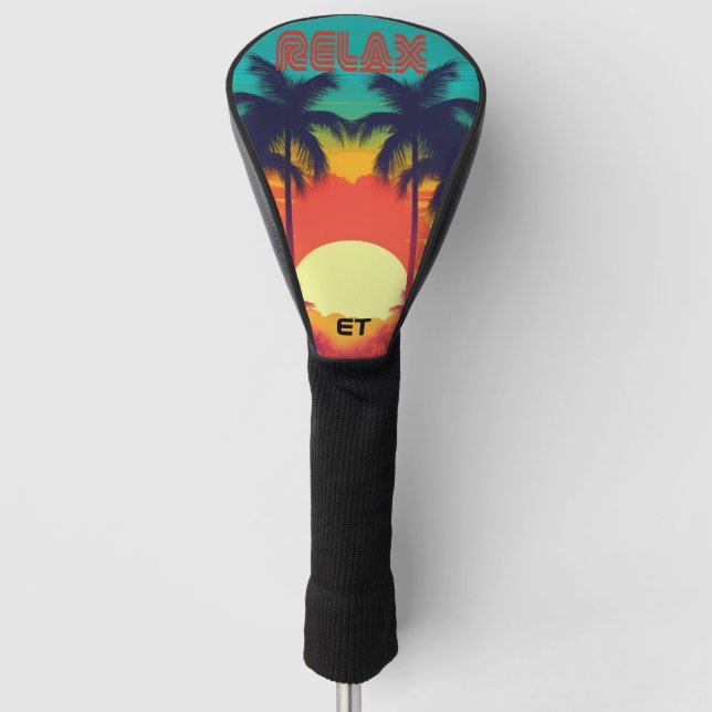 Retro 80s 'RELAX' Tropical Sunset Golf Head Cover (Front)