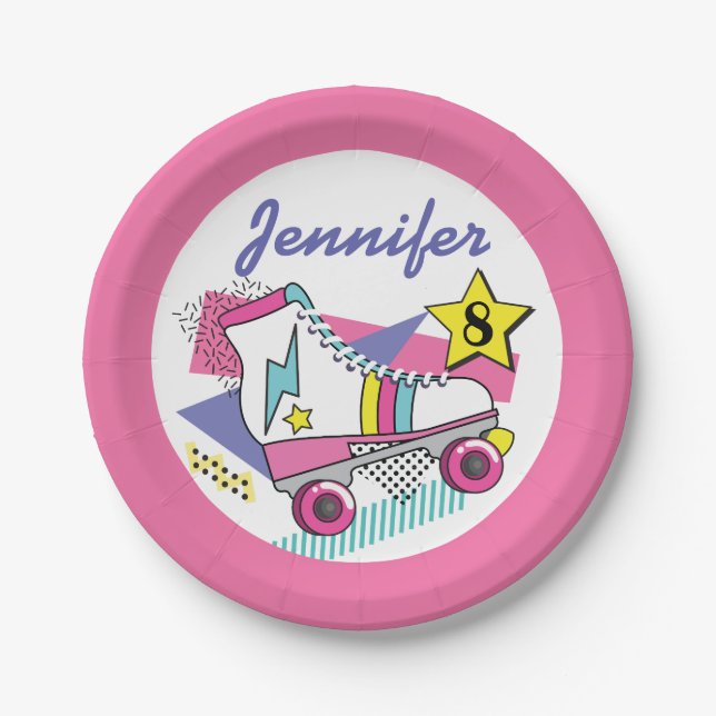 Retro 80's Roller Skate Party Birthday Paper Plate (Front)