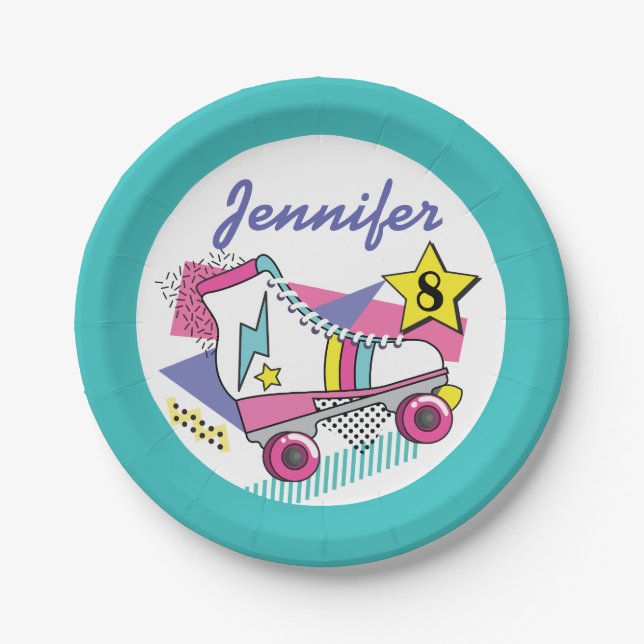 Retro 80's Roller Skate Party Birthday Paper Plate (Front)