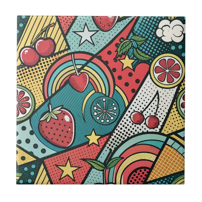 Retro 80s Strawberry Pop Art Comic Book Pattern Tile (Front)