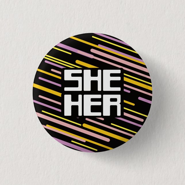Retro 80s Stripes She/Her Pronouns  1 Inch Round Button (Front)