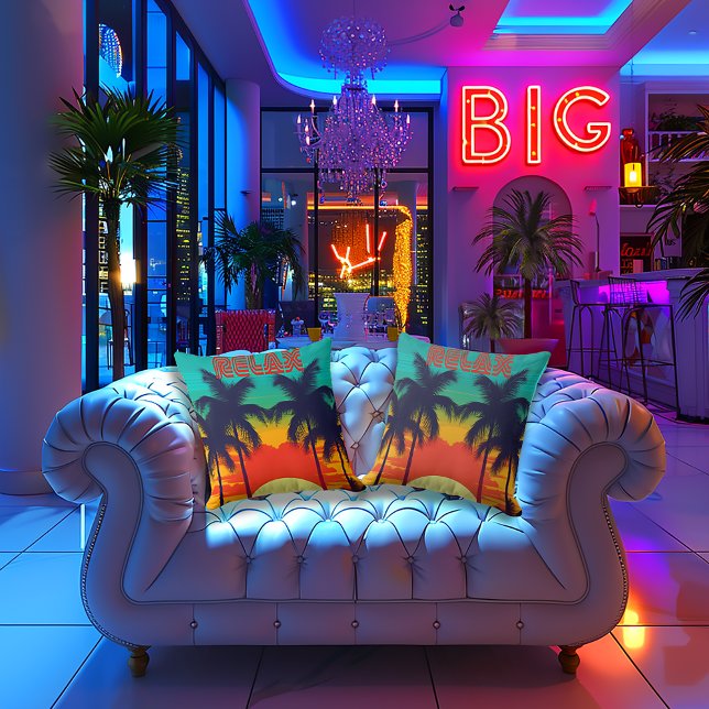 Retro 80s Style Tropical Decorative  Throw Pillow (Stylish "RELAX" 80s Retro Throw Pillows )