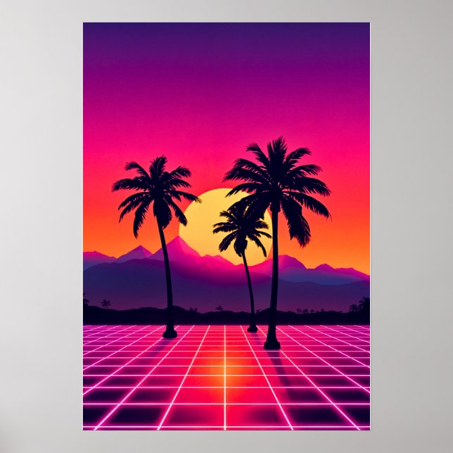 Retro 80s Sunset Grid Poster (Front)