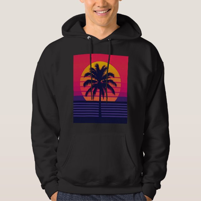 Retro 80s Sunset Palm Tree Synthwave Art Hoodie (Front)