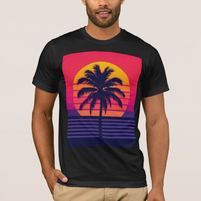 Retro 80s Sunset Palm Tree Synthwave Art T-Shirt (Front)