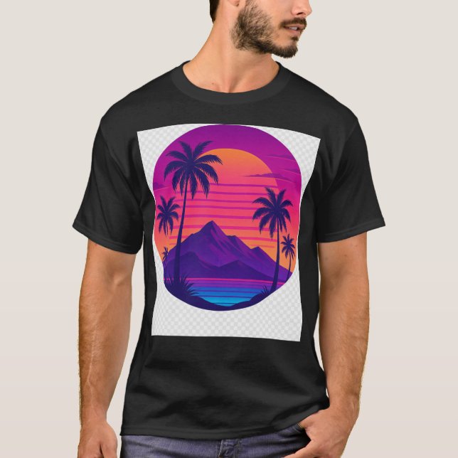 Retro 80s Sunset with Palm Trees – Synthwave Aesth T-Shirt (Front)