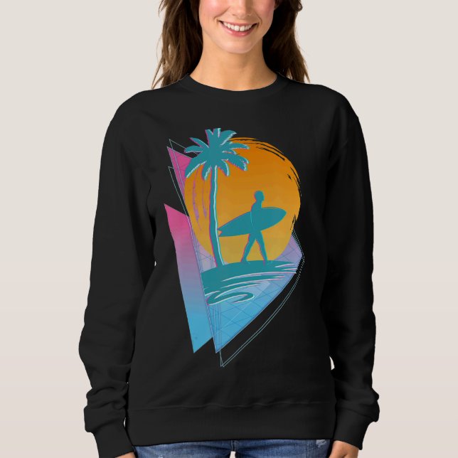 Retro 80s Synthwave Surfing Surfer Palm Trees Vapo Sweatshirt (Front)