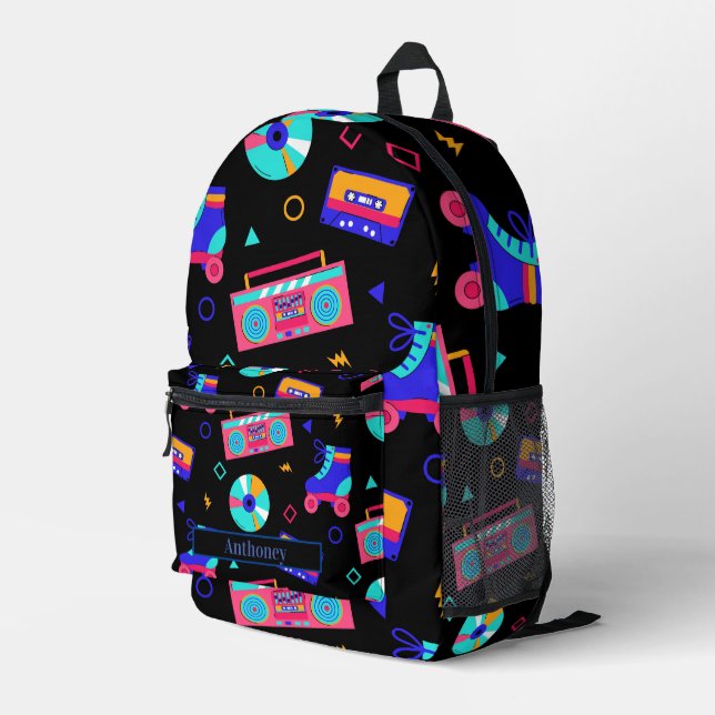 Retro 80's-themed Personalize Name Printed Backpack (Back Corner Right)
