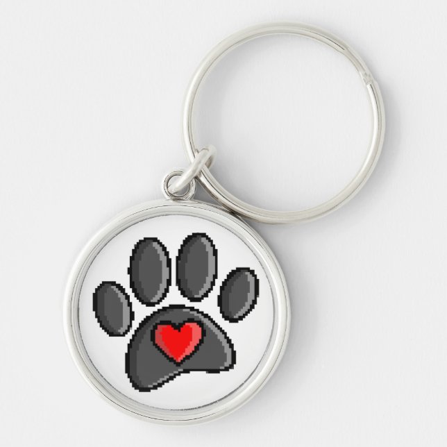 Retro 80s Video Game 8 Bit Pixel Art Dog Paw Print Keychain (Front)