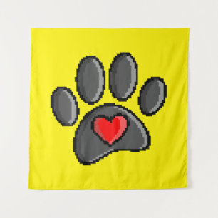 Retro 80s Video Game 8 Bit Pixel Art Dog Paw Print Tapestry