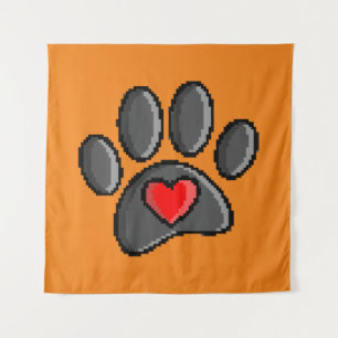 Retro 80s Video Game 8 Bit Pixel Art Dog Paw Print Tapestry