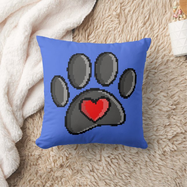Retro 80s Video Game 8 Bit Pixel Art Dog Paw Print Throw Pillow (Blanket)