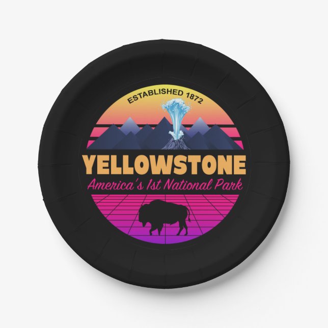 RETRO 80S YELLOWSTONE NATIONAL PARK NEON VAPORWAVE PAPER PLATE (Front)