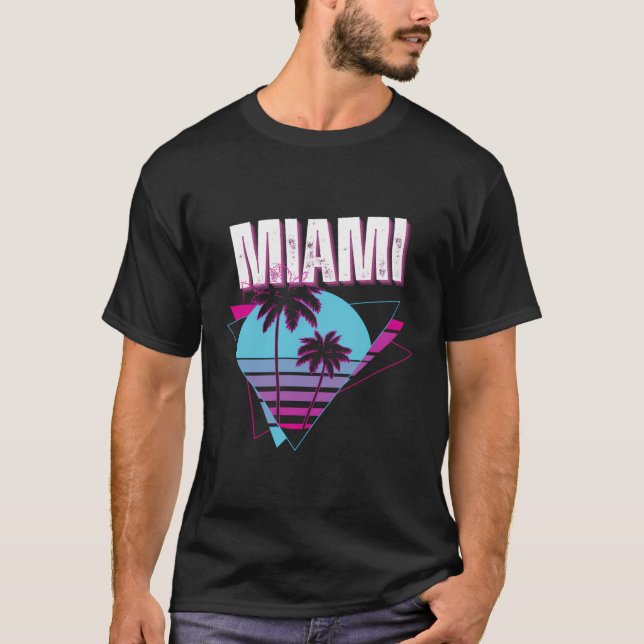 Retro 89'S Style Sunset And Palm Trees Miami T-Shirt (Front)