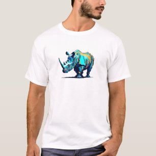 Retro 8-Bit Pixel Art Rhinoceros Cyan Orange Gamer T-Shirt