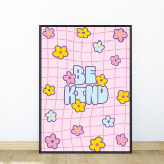 Retro 90s Be Kind Flower Grid Pattern Poster