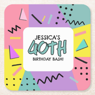 Retro 90s Birthday Party Custom Name & Age Square Paper Coaster