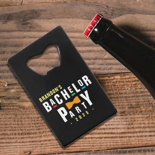 Retro 90s Colourful Bowtie Bachelor Party Black Credit Card Bottle Opener