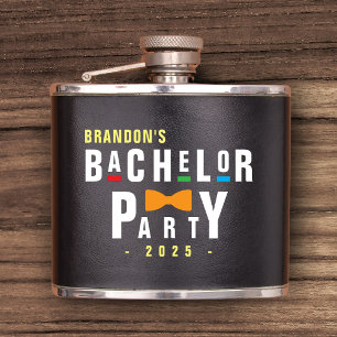 Retro 90s Colourful Bowtie Bachelor Party Black Hip Flask
