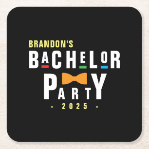 Retro 90s Colourful Bowtie Bachelor Party Black Square Paper Coaster