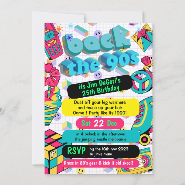 Retro 90s Funky Neon Glow Disco Birthday  Invitation (Front)