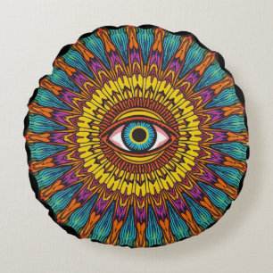 Retro 90s Mandala   Psychedelic Third Eye Graphic Round Pillow