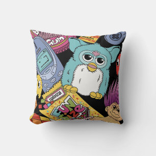 Retro 90s Nostalgia Doodle Pattern Toy and Tech  Throw Pillow