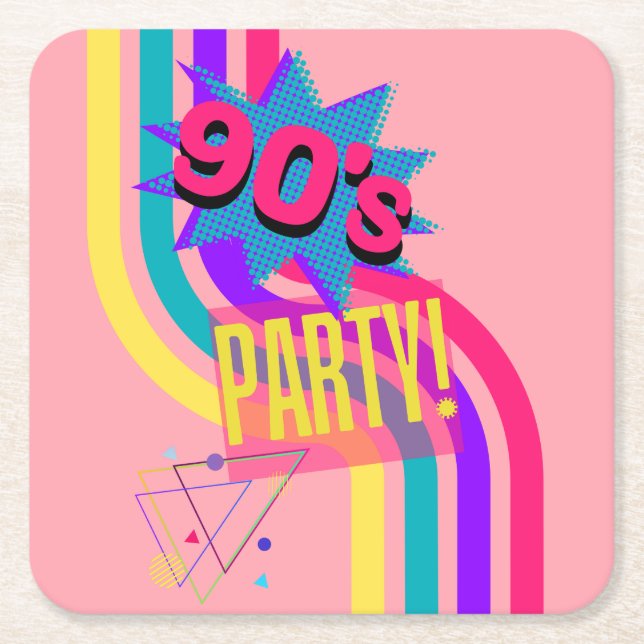 Retro 90's Party Pink Nostalgic Birthday Square Paper Coaster (Front)