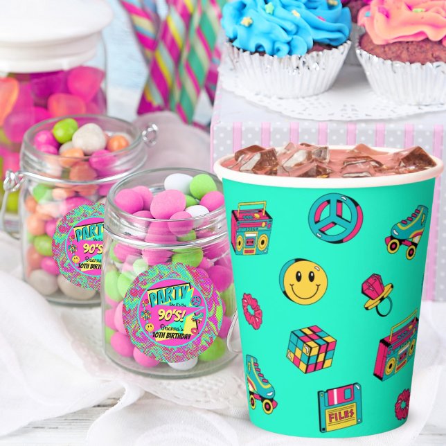 Retro 90s pattern aqua pink teal birthday party paper cups (Creator Uploaded)