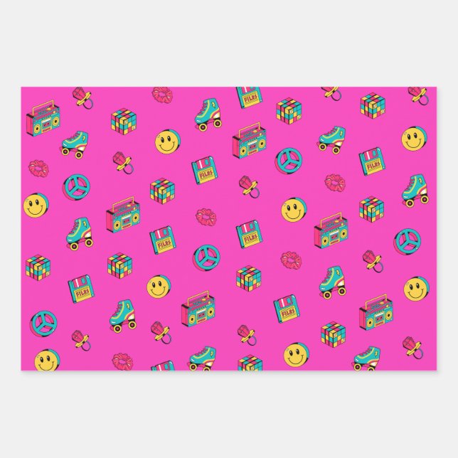 Retro 90s pattern purple pink teal party wrapping paper sheet (Front)