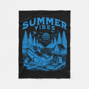 Retro 90s Summer Vibes Cat Camping Funny Cat Meme  Fleece Blanket