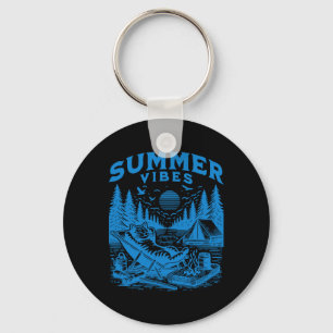 Retro 90s Summer Vibes Cat Camping Funny Cat Meme  Keychain