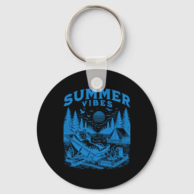 Retro 90s Summer Vibes Cat Camping Funny Cat Meme  Keychain (Front)