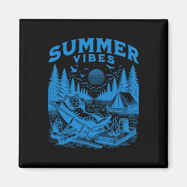Retro 90s Summer Vibes Cat Camping Funny Cat Meme  Magnet (Front)