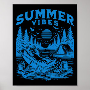Retro 90s Summer Vibes Cat Camping Funny Cat Meme  Poster