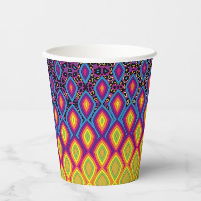 Retro 90s Vibrant Neon Colour Abstract Pattern Paper Cups (Front)