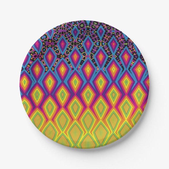 Retro 90s Vibrant Neon Colour Abstract Pattern Paper Plate (Front)